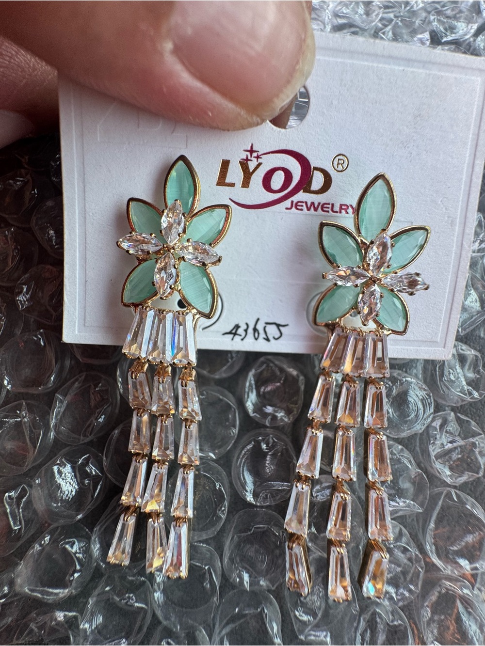 LYOD Mint Green Floral Crystal Tassel Earrings